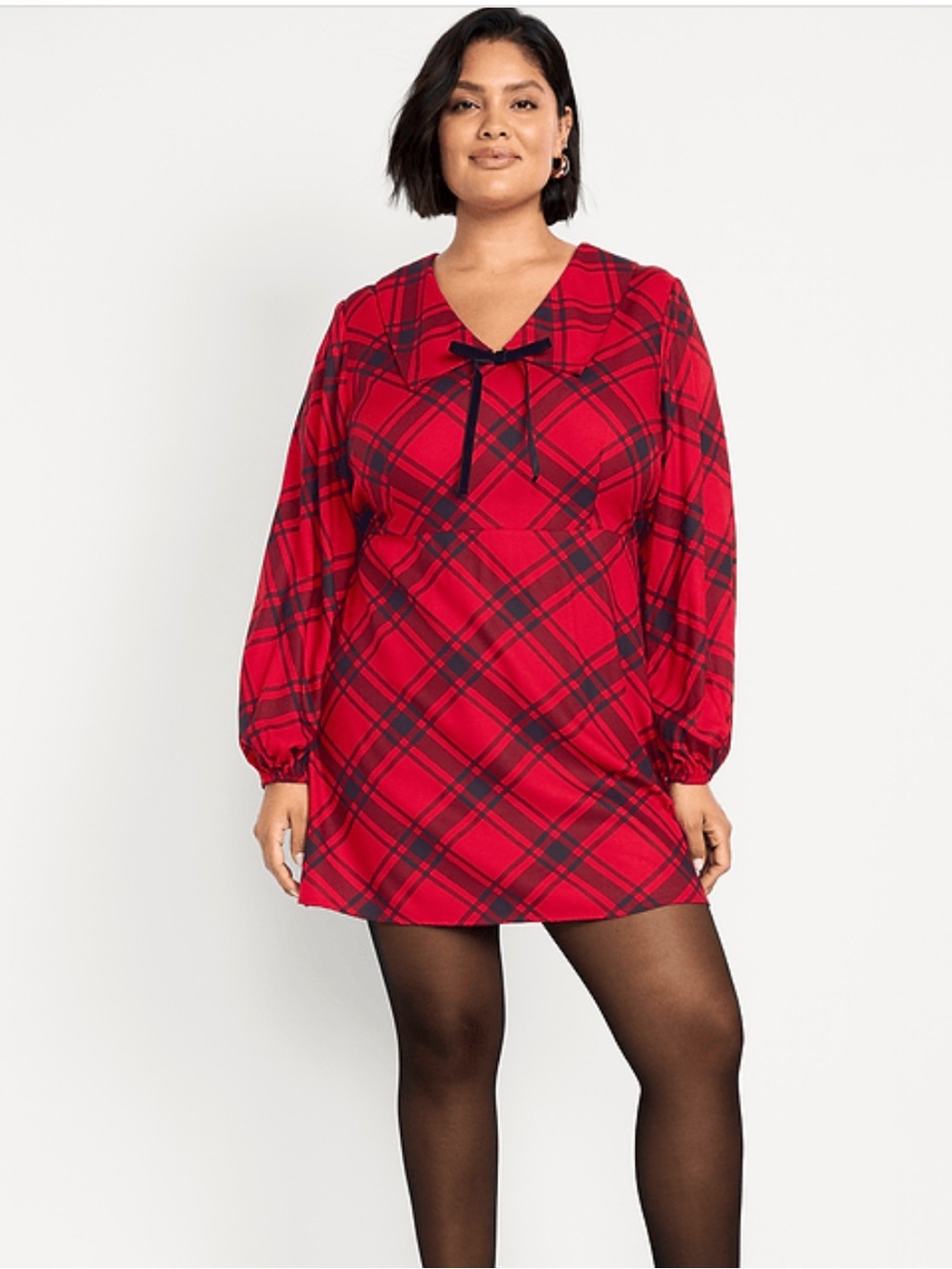 Old Navy | Fit & Flare Long-Sleeve Crepe Mini Dress Red Black Plaid Size Large